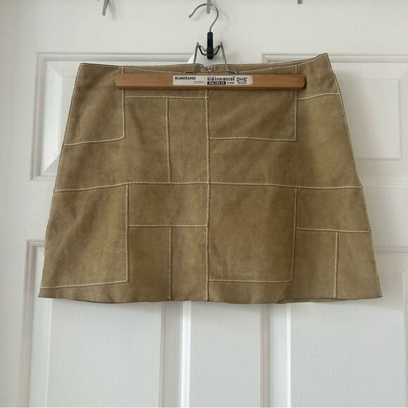 Izza Michael Hoban Vintage Leather Mini Skirt Patchwork Suede Beige Fall